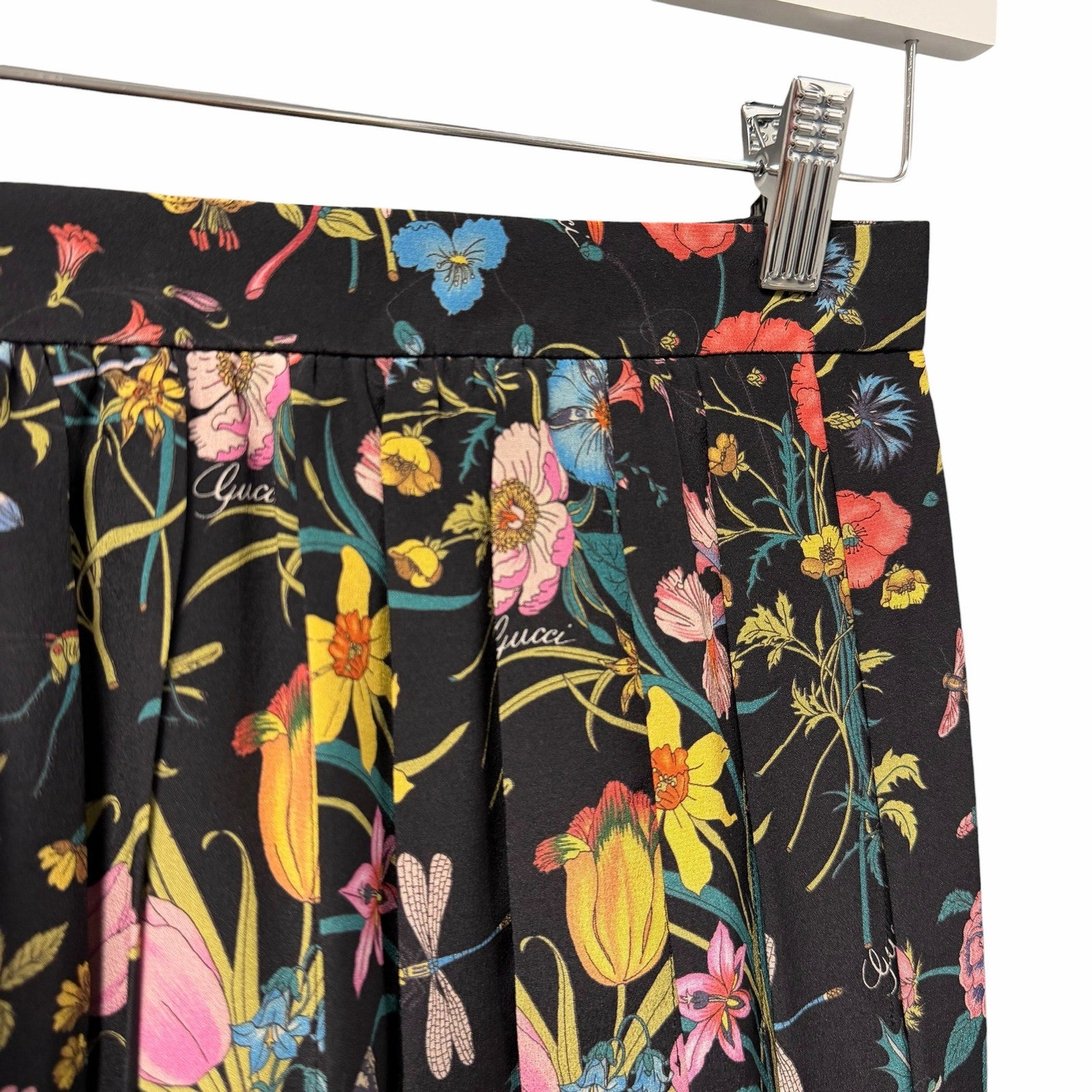 NWT Gucci Silk Pleated Midi Skirt Macro Floral Black Multi Size IT 36 / US 0