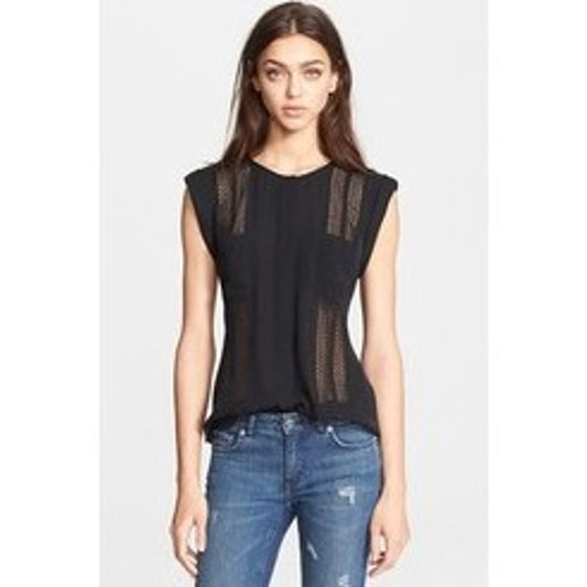 Veronica Beard Black Sleeveless Lace Inset Silk Button Up Top Womens 6